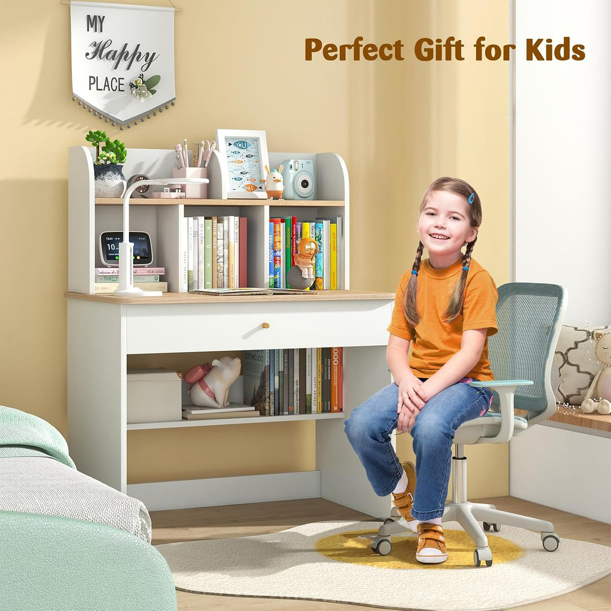 HONEY JOY White Kids Desk, Wooden Children School Study Table with Hutch, Pull-Out Drawer, Storage Shelves, Student Writing Desk Computer Workstation for Bedroom, 3+ Years Old