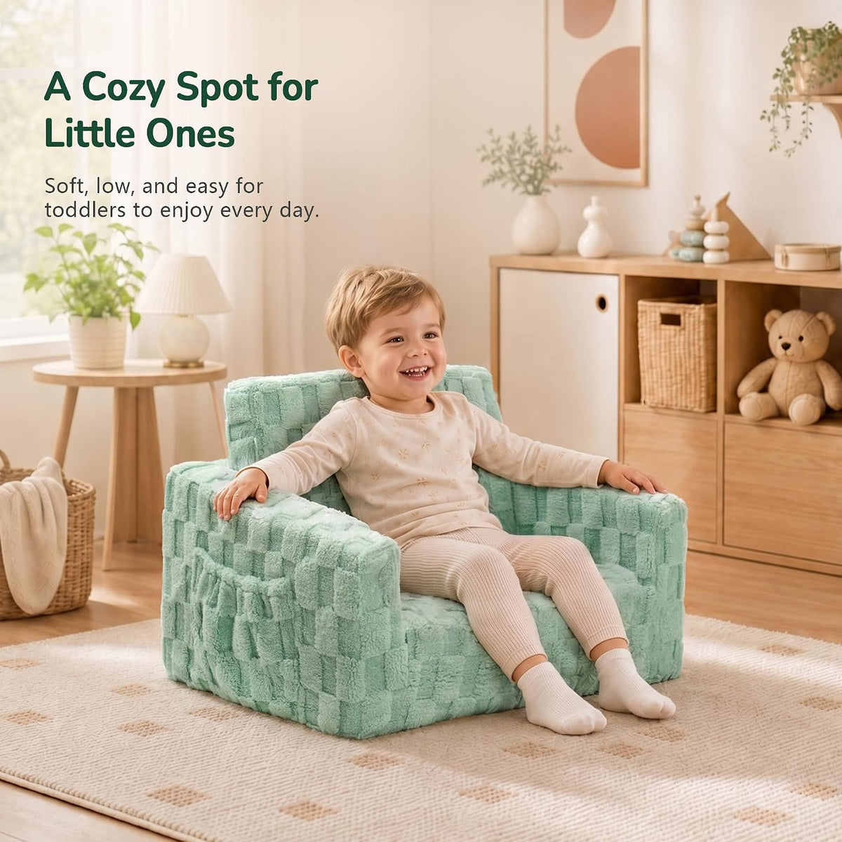 Toddler Couch for Kids, 2-in-1 Kids Fold Out Couch with Flip Open Sofa Lounger, Soft Flannel Kids Sofa Chair for Playroom Bedroom, Green