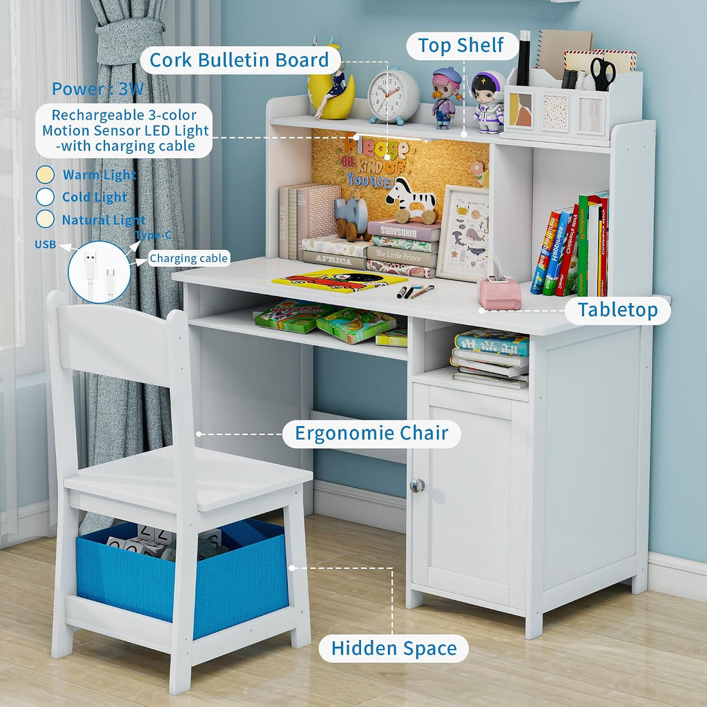 Kids Desk and Chair Set with Cork Board & Removable LED Light, White