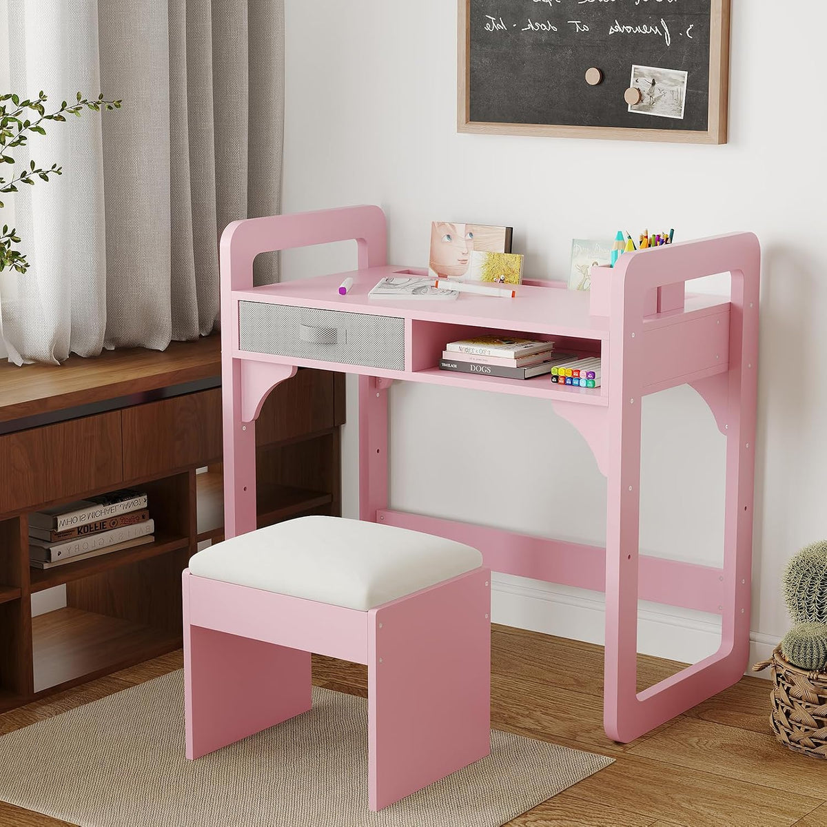 IDEALHOUSE Versatile Kids Desk and Chair Set, Pink
