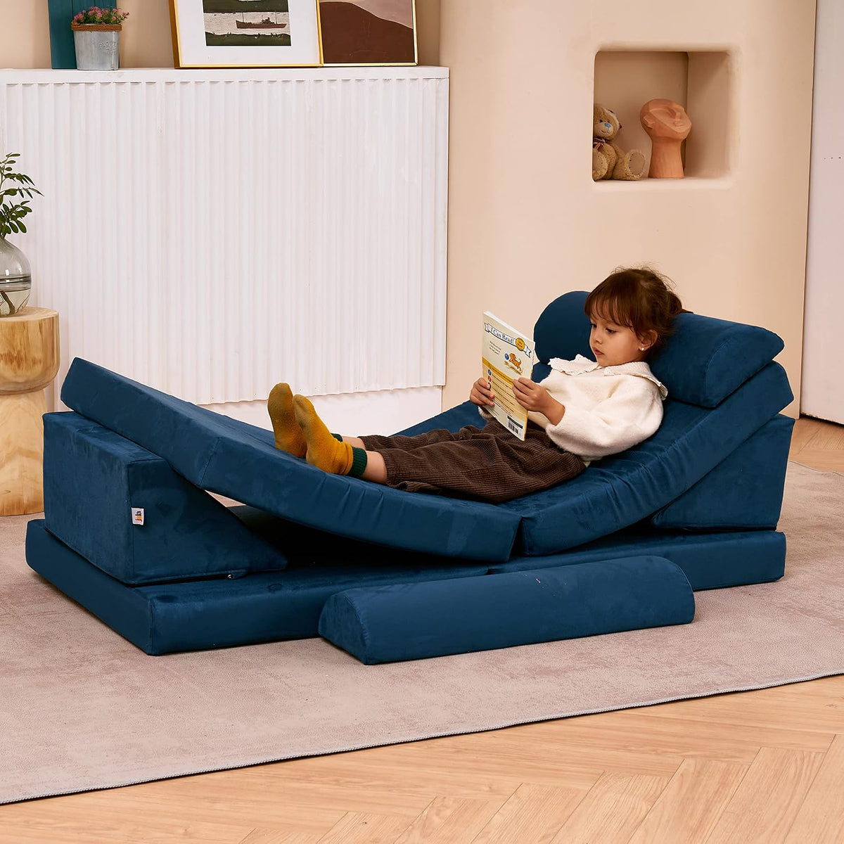 jela Kids Play Couch, Safety Certified Toddler Modular Foam Couch,Convertible Playroom Furniture,Soft Building Fort Set Indoor (57"x28"x18", Navy Blue)