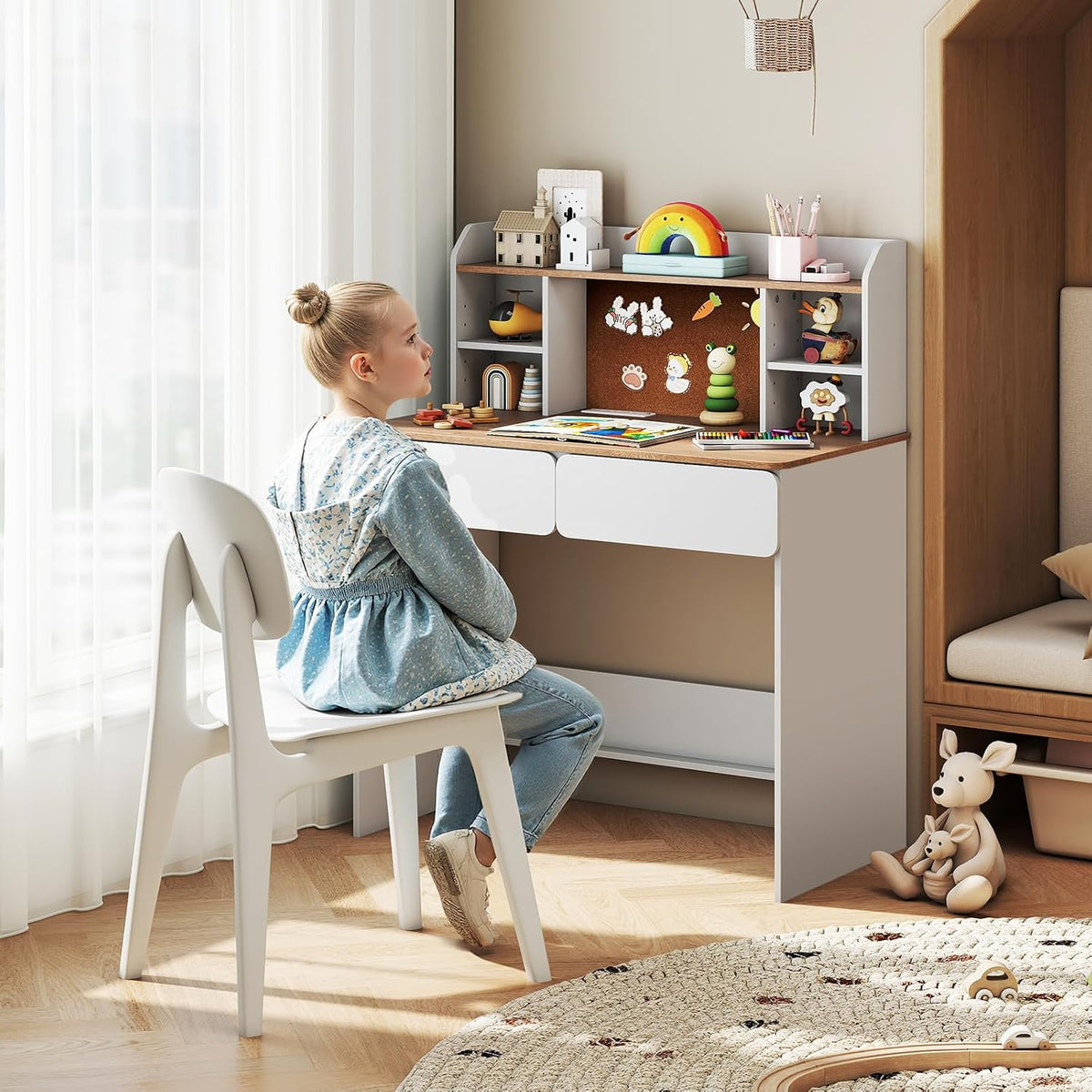 HONEY JOY Kids Study Desk w/Hutch, Cork Bulletin Board & 2 Drawers, Writing Table w/Charging Station & 5-Level Adjustable Shelves, Multifunctional Student Desk for Boys and Girls Aged 8-12