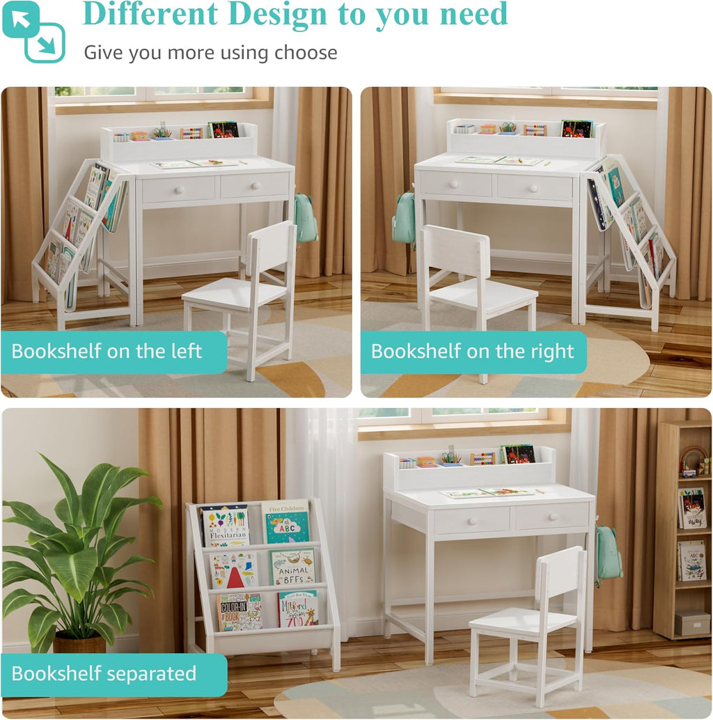 White Kids Desk and Chair Set for 5-8 Year Old Girls Boys, Small Child Desk with Bookshelf, Children Study Table with Fabric Drawer and Storage