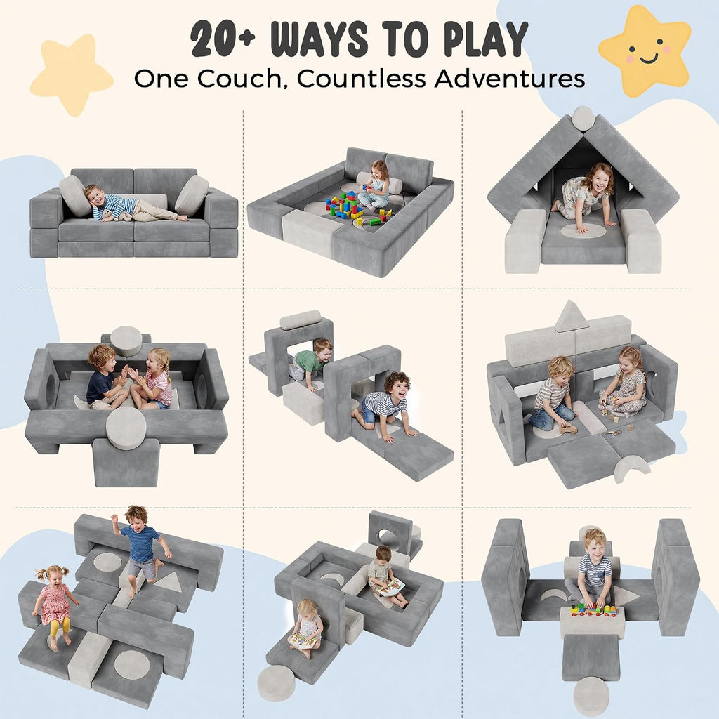 Modular Kids Play Couch, 17-Piece Kids Couch with Shape Pillows & Window Panels, Convertible Play Couch for Kids, Toddler Couch, Kids Sofa with Washable Covers for Playroom, Bedroom, Reading Nook-Grey