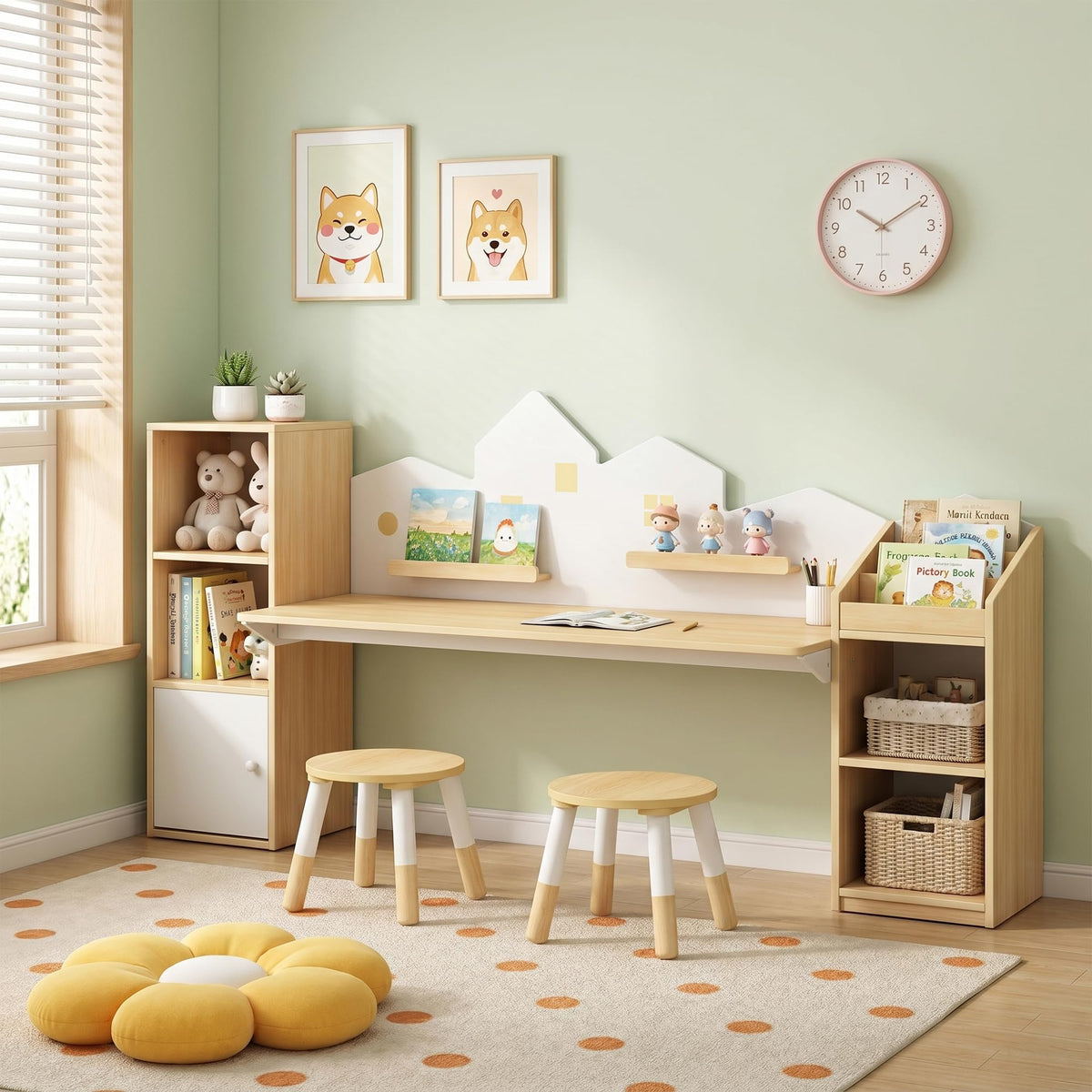 Wooden Kids Study Desk with Storage and 2 Stools, Kids Study Desk and Chair Set, Children Study Table with Bookshelves, Boys & Girls Study Desk for Ages 3-8, Bedroom, Toddler (House)