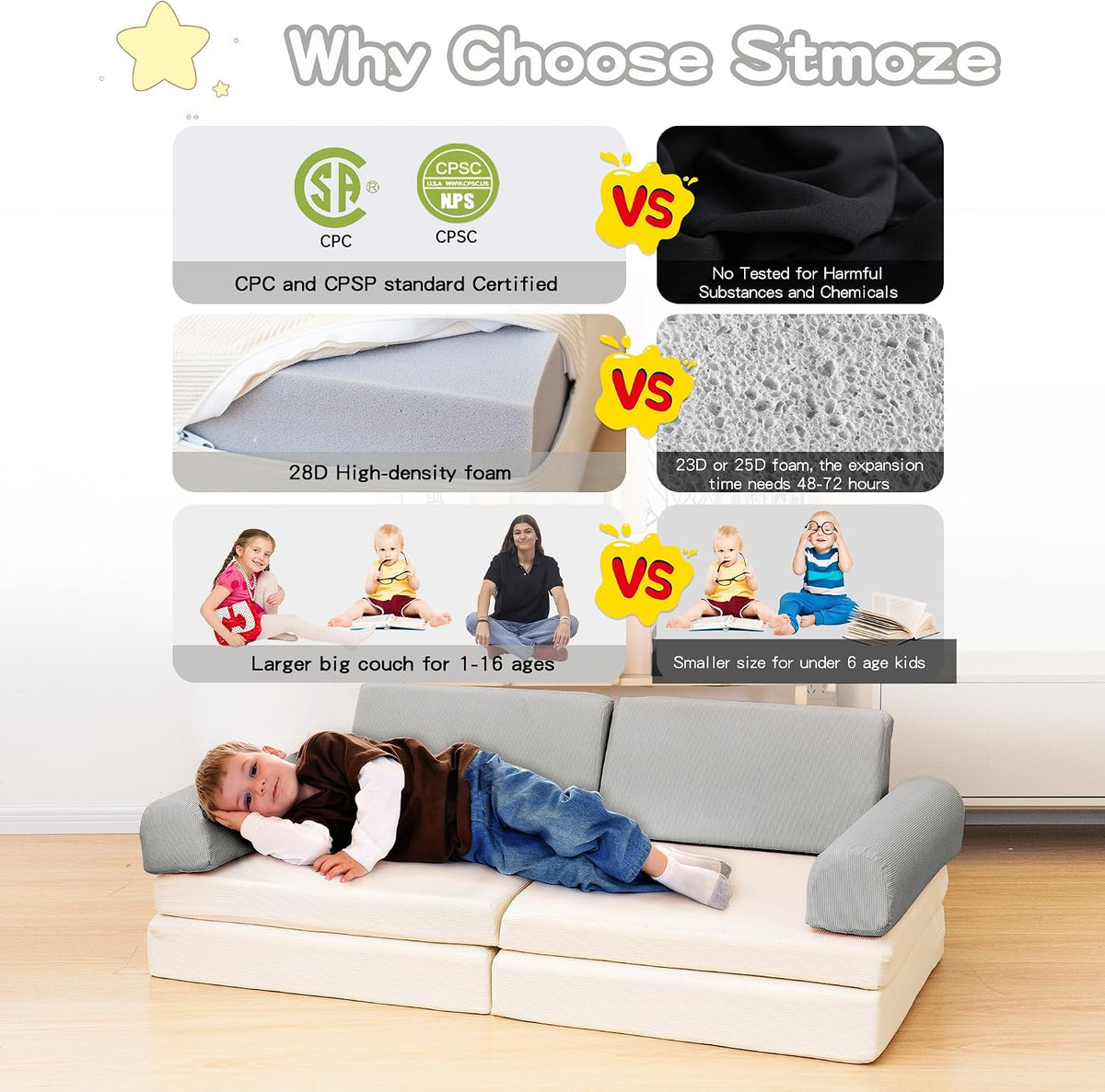 Modular Kids Play Couch, 5 Second Quick Bounce High Density Foam, Corduroy Fabric, Kids Sofa that Inspires Toddler Creativity for Playroom Bedroom Living Rooms Toddler Sofa -Grey and Beige