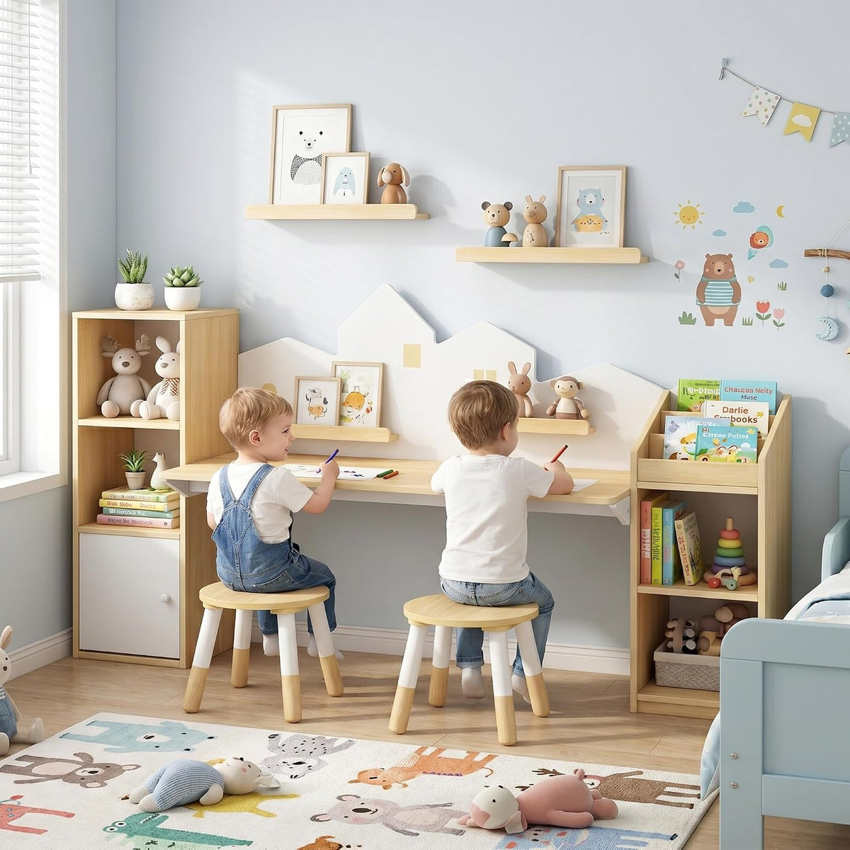 Wooden Kids Study Desk with Storage and 2 Stools, Kids Study Desk and Chair Set, Children Study Table with Bookshelves, Boys & Girls Study Desk for Ages 3-8, Bedroom, Toddler (House)