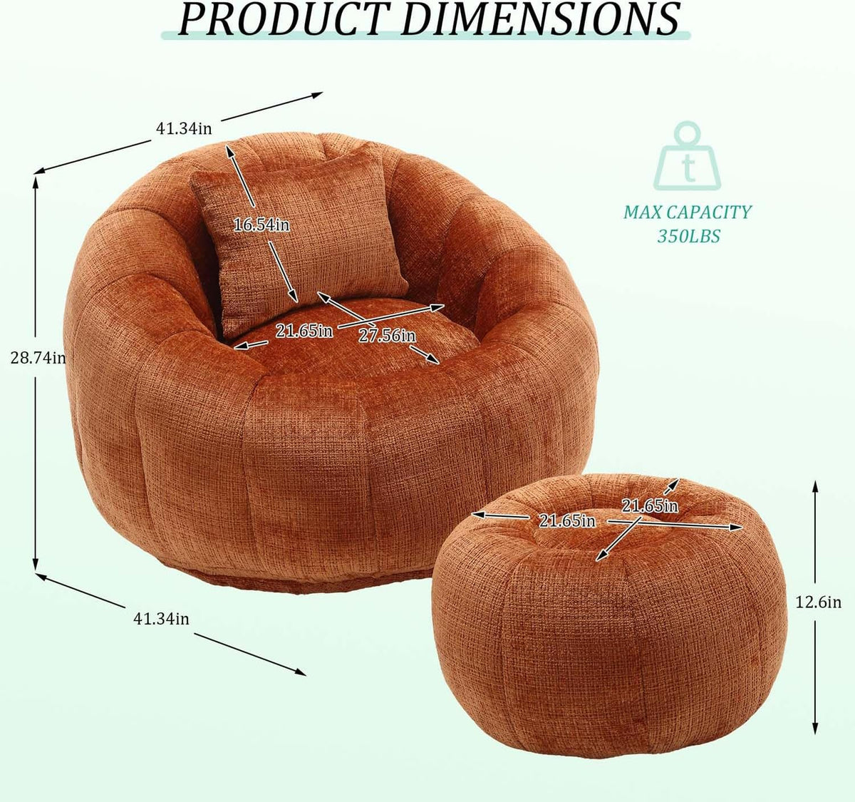Round Cloud Bean Bag Chair, Leisure Floor Single Seater with Ottoman, Plush Chenille Sofa Chair, Lazy Bean Bag Chairs for Bedroom, Apartment and Living Room (Orange)