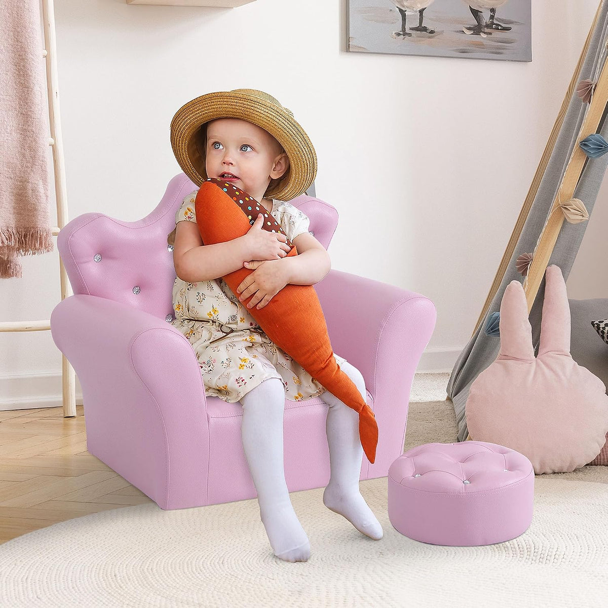 Qaba Kids Sofa Set with Footstool Baby Sofa Chair for Toddlers Girls Pink
