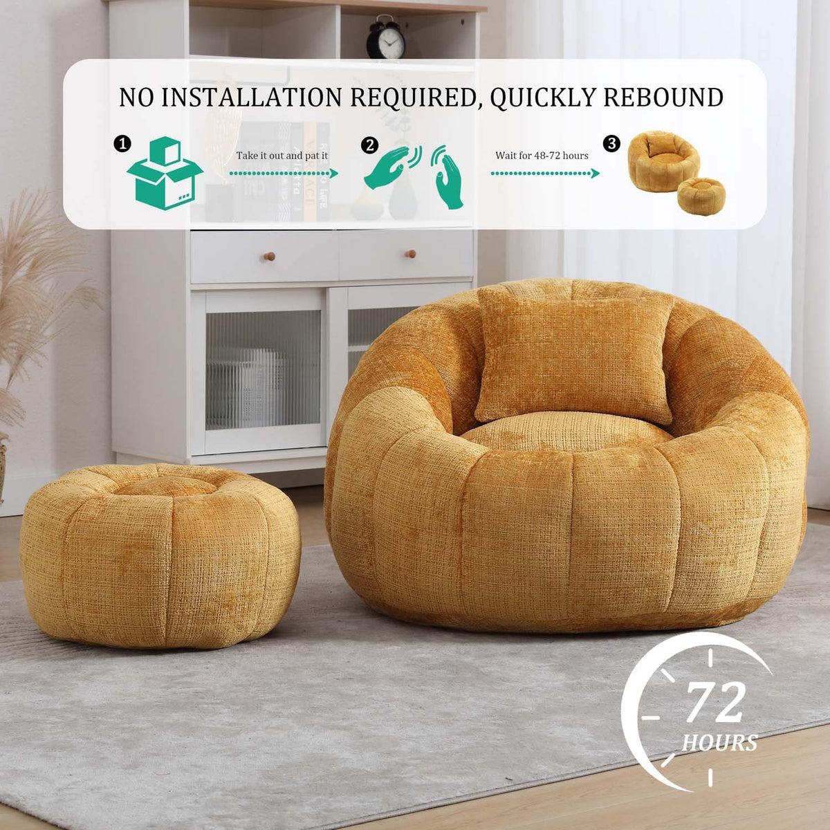 Bean Bag Chairs, Leisure Floor Single Sofas with Ottoman, Comfy Round Lazy Cloud Bean Bag Chair, Chenille for Living Room, Bedroom, Apartment (Yellow)