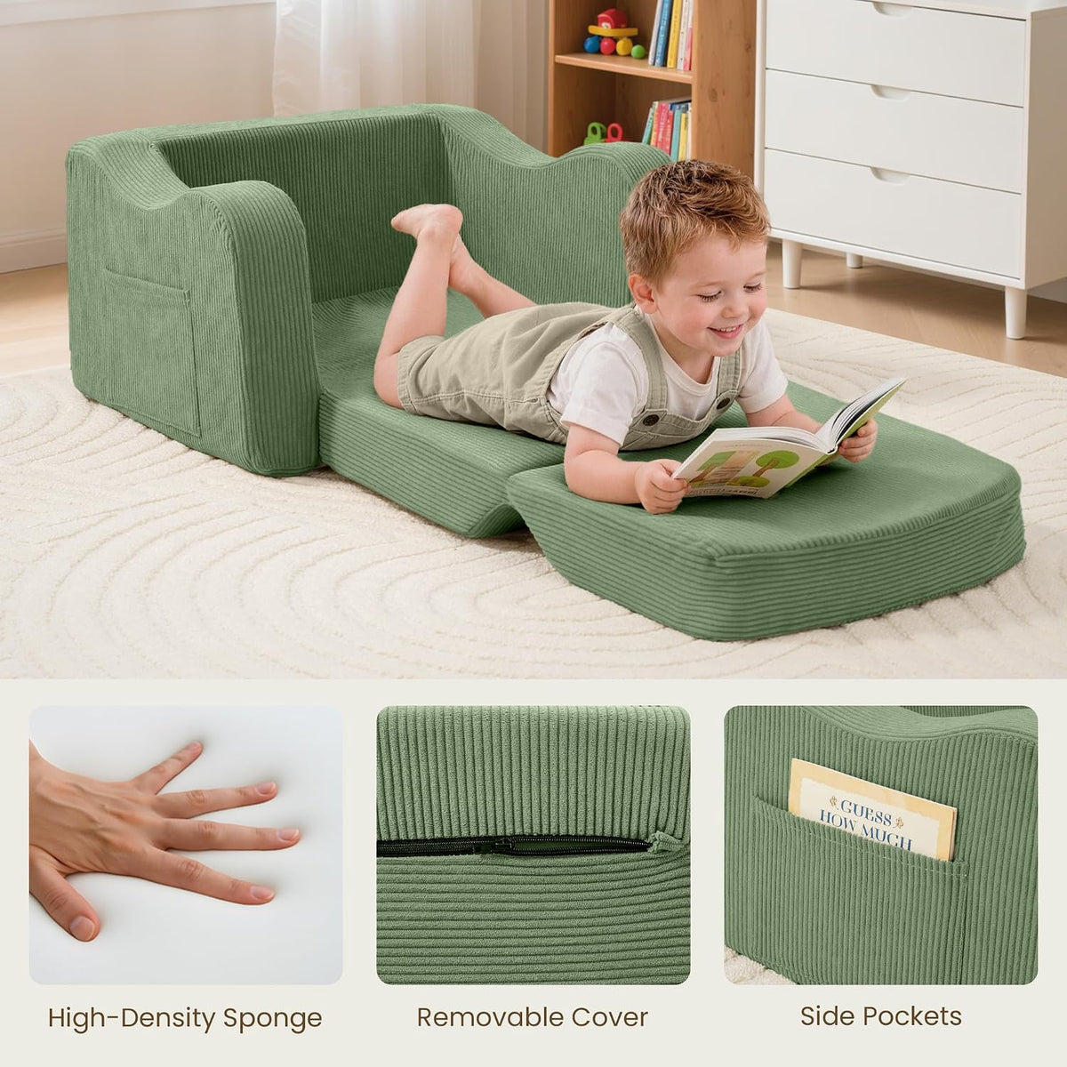 Airpanda Kids Sofa Chair, 2-in-1 Kids Couch, Fold Out Foam Sofa, Green
