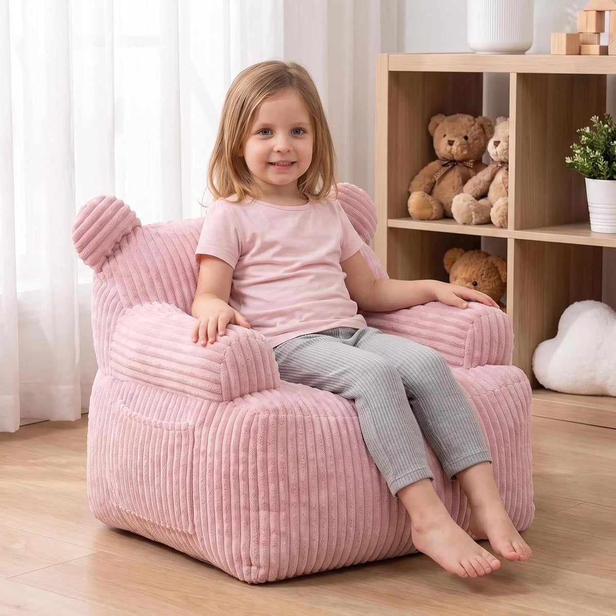 Kids Bear Ear Bean Bag Chair, Stuffed Toddler Sofa Chair with Pocket, Lazy Floor Chair for Boys and Girls, for Gaming, Reading