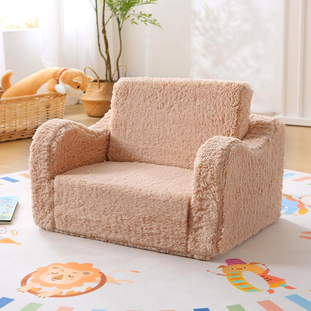 Toddler Couch 2-in-1 Flip Open Sherpa Kids Sofa Chair, Light Brown