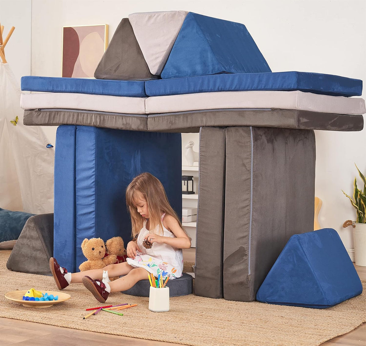 jela Kids Play Couch Extended Size 8PCS for Family, Floor Sofa Modular Funiture for Kids Adults, Playhouse Play Set for Toddlers Babies, Modular Foam Play Couch Indoor 66" x 33" x 22" Navyblue