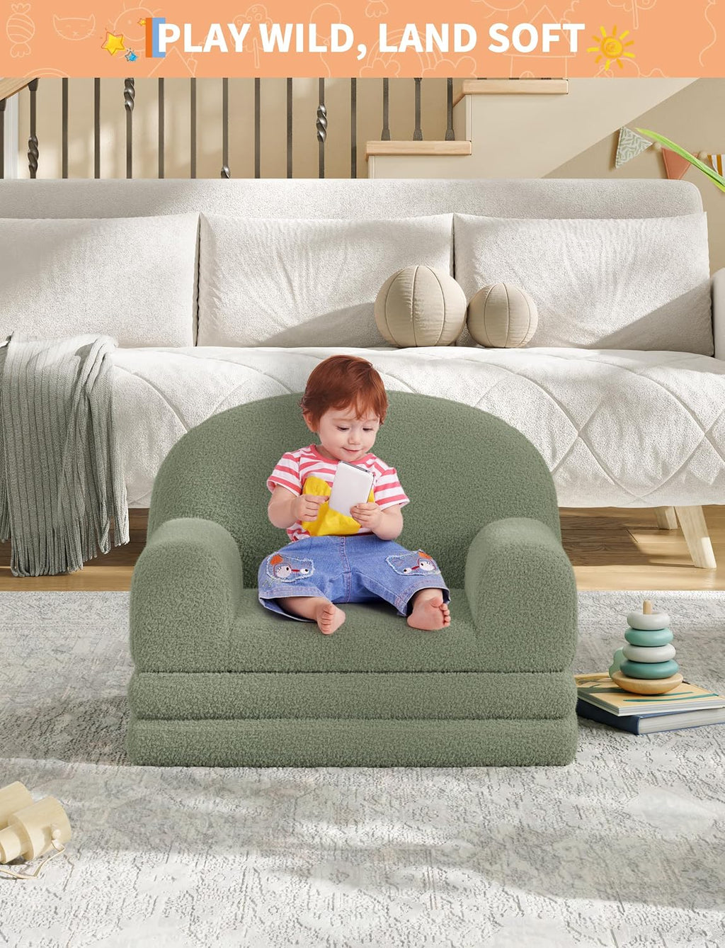 2-in-1 Convertible Kids Sofa Chair, Fold Out Toddler Couch for Reading and Napping, High-Density Foam Sherpa Toddler Chair, Soft Lounger for Playroom and Nursery, Green