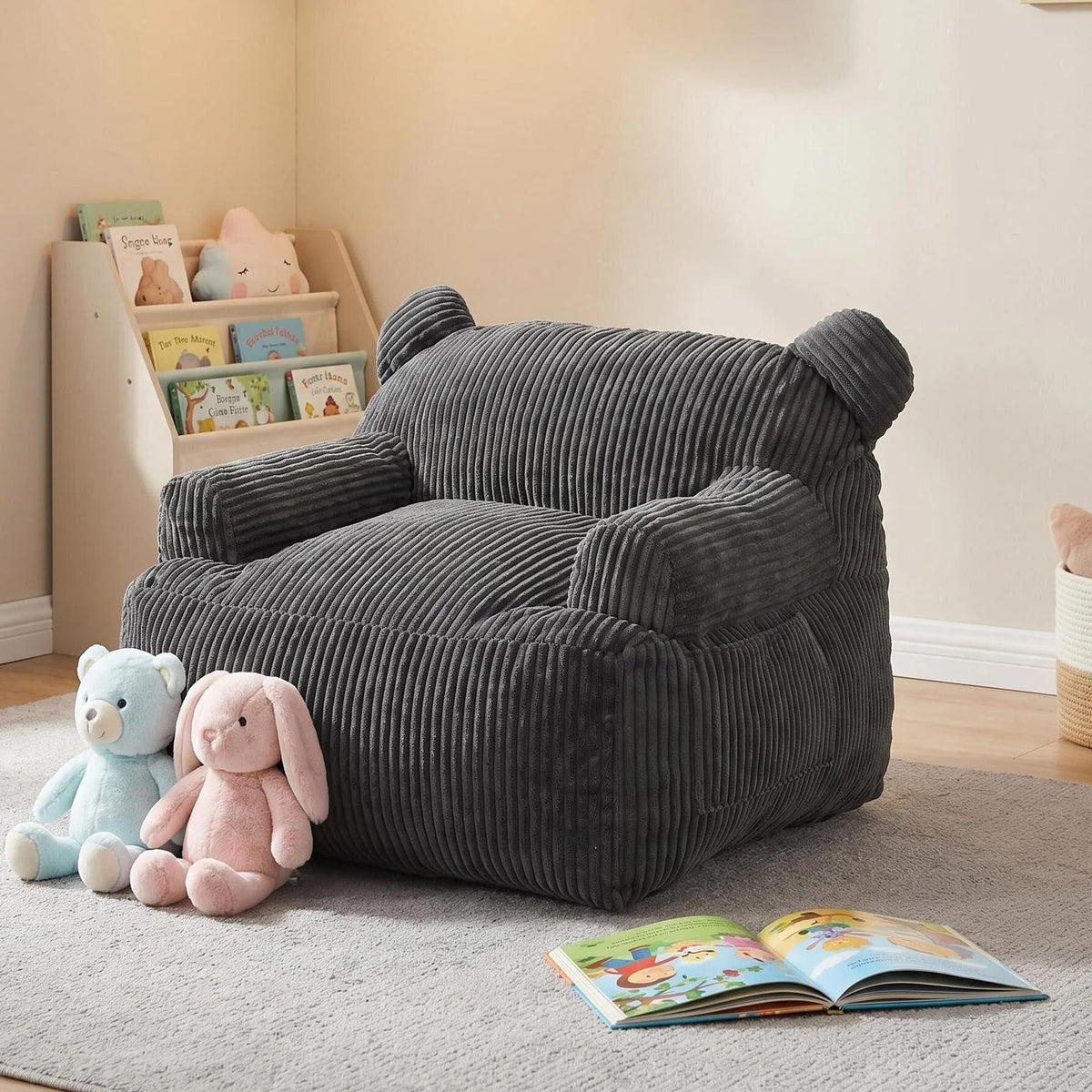 Kids Bear Ear Bean Bag Chair, Stuffed Toddler Sofa Chair with Pocket, Lazy Floor Chair for Boys and Girls, for Gaming, Reading