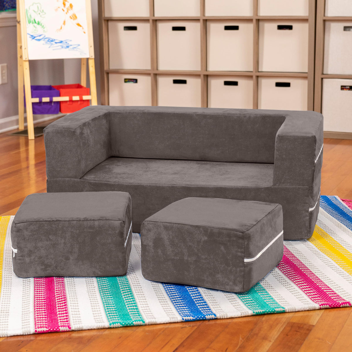 Jaxx Zipline Kids Modular Loveseat & Ottomans/Fold Out Lounger, Platinum