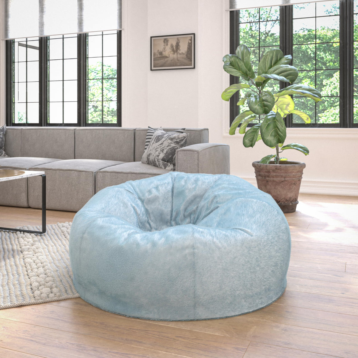 EMMA + OLIVER Gray Large Faux Shearling Bean Bag Chair