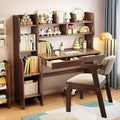 Kids Desk Kids Table and Chair Set with Drawers and Bookshelf Rubber Wood Kid's Media Desk Student Learning Computer Workstation and Writing Desk(Brown)
