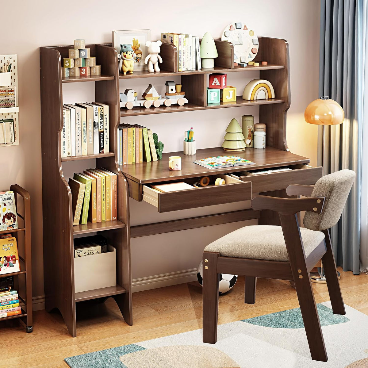 Kids Desk＆Table and Chair Set with Drawers and Bookshelf Wooden Kid's Media Desk Student Learning Computer Workstation and Writing (Brown)