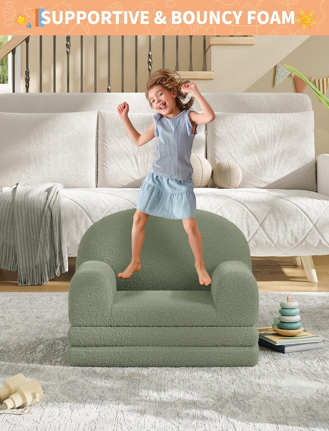 2-in-1 Convertible Kids Sofa Chair, Fold Out Toddler Couch for Reading and Napping, High-Density Foam Sherpa Toddler Chair, Soft Lounger for Playroom and Nursery, Green