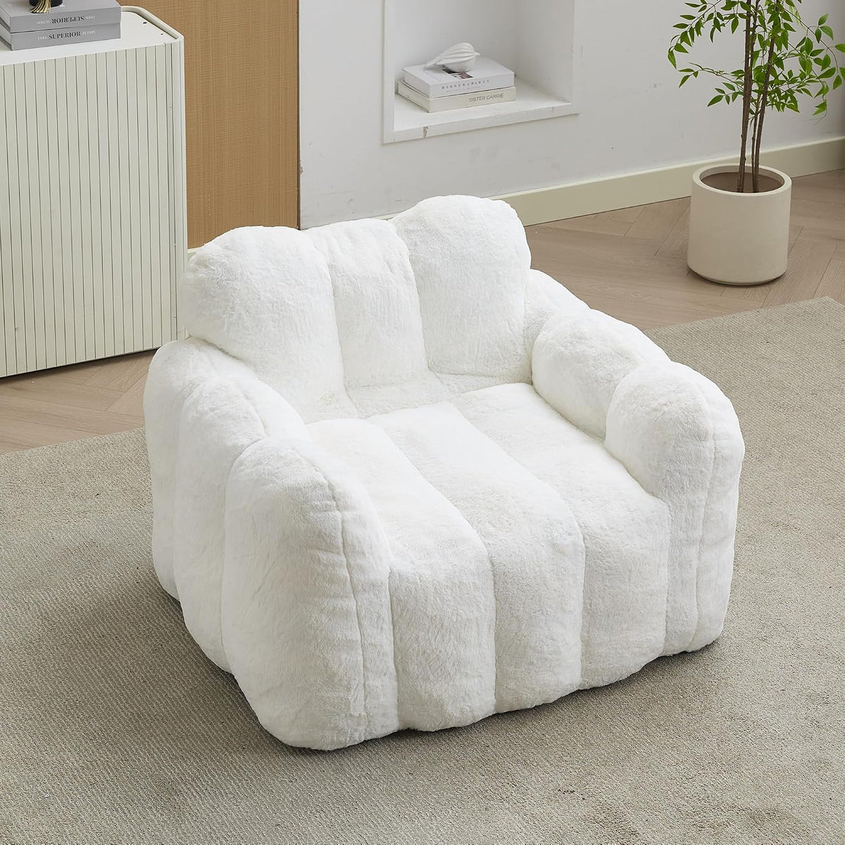 Lotus Flower Plush Single Sofa Chair, White, Super Soft Lazy Bean Bag Chair, 41.34 x 35.44 x 29.53 inches, Weight Capacity 380 lbs, for Living Room Bedroom