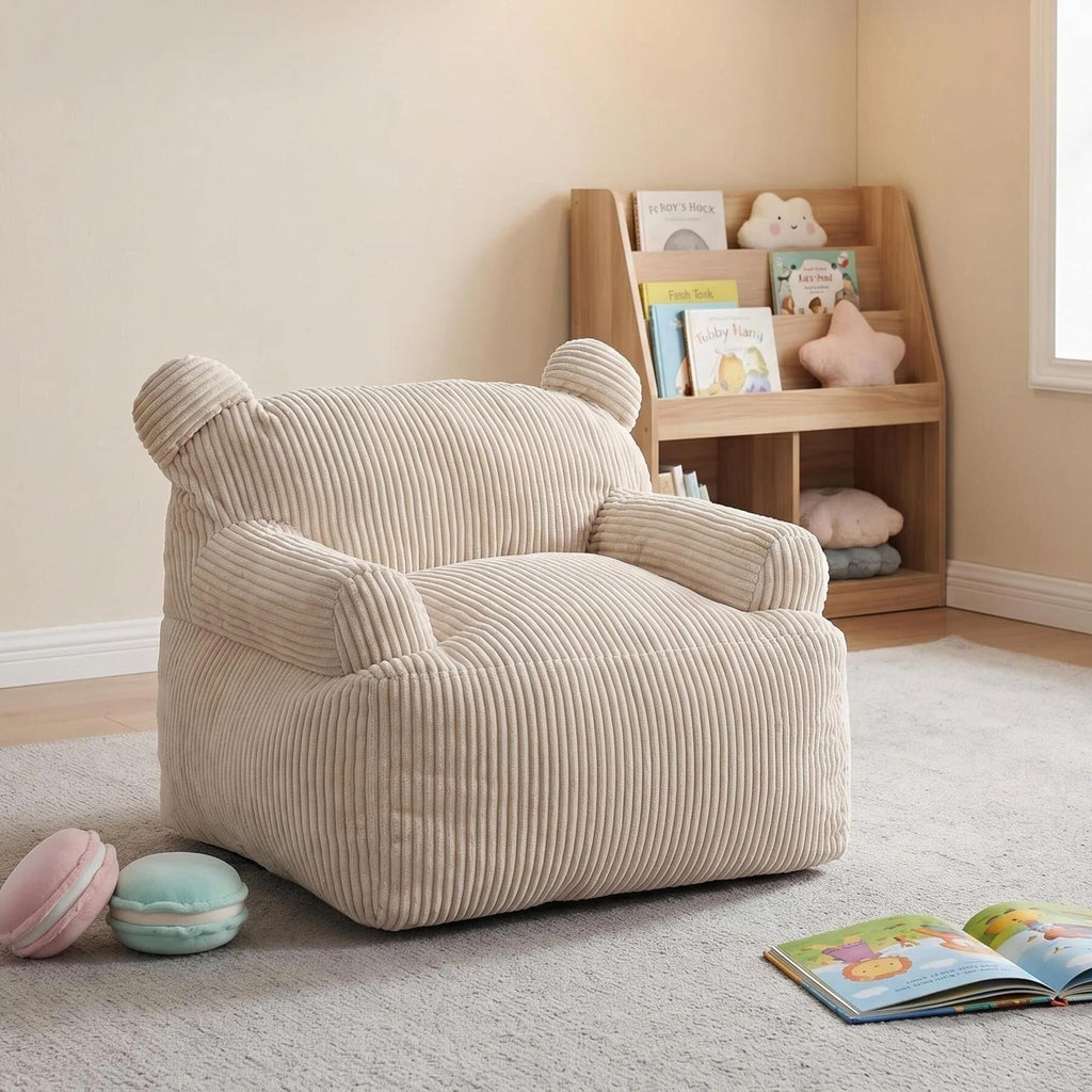 Kids Bear Ear Bean Bag Chair, Stuffed Toddler Sofa Chair with Pocket, Lazy Floor Chair for Boys and Girls, for Gaming, Reading