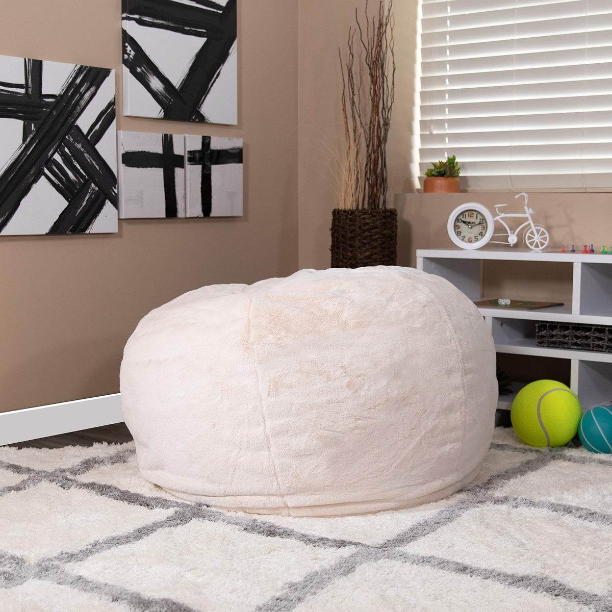 BizChair Sherpa Bean Bag Chair, Classic Refillable Bean Bag Chair for Kids and Teens, Large, Natural