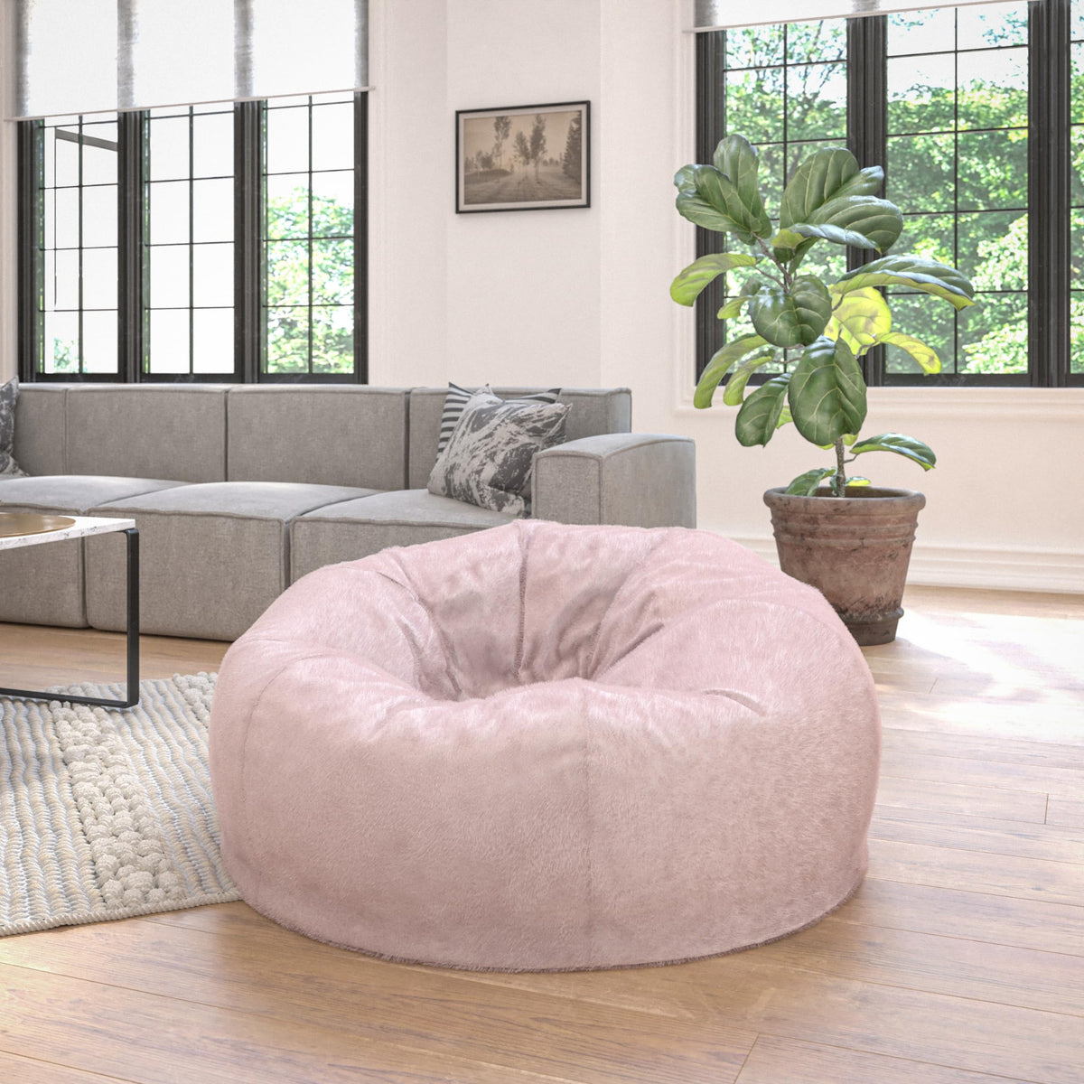 EMMA + OLIVER Gray Large Faux Shearling Bean Bag Chair