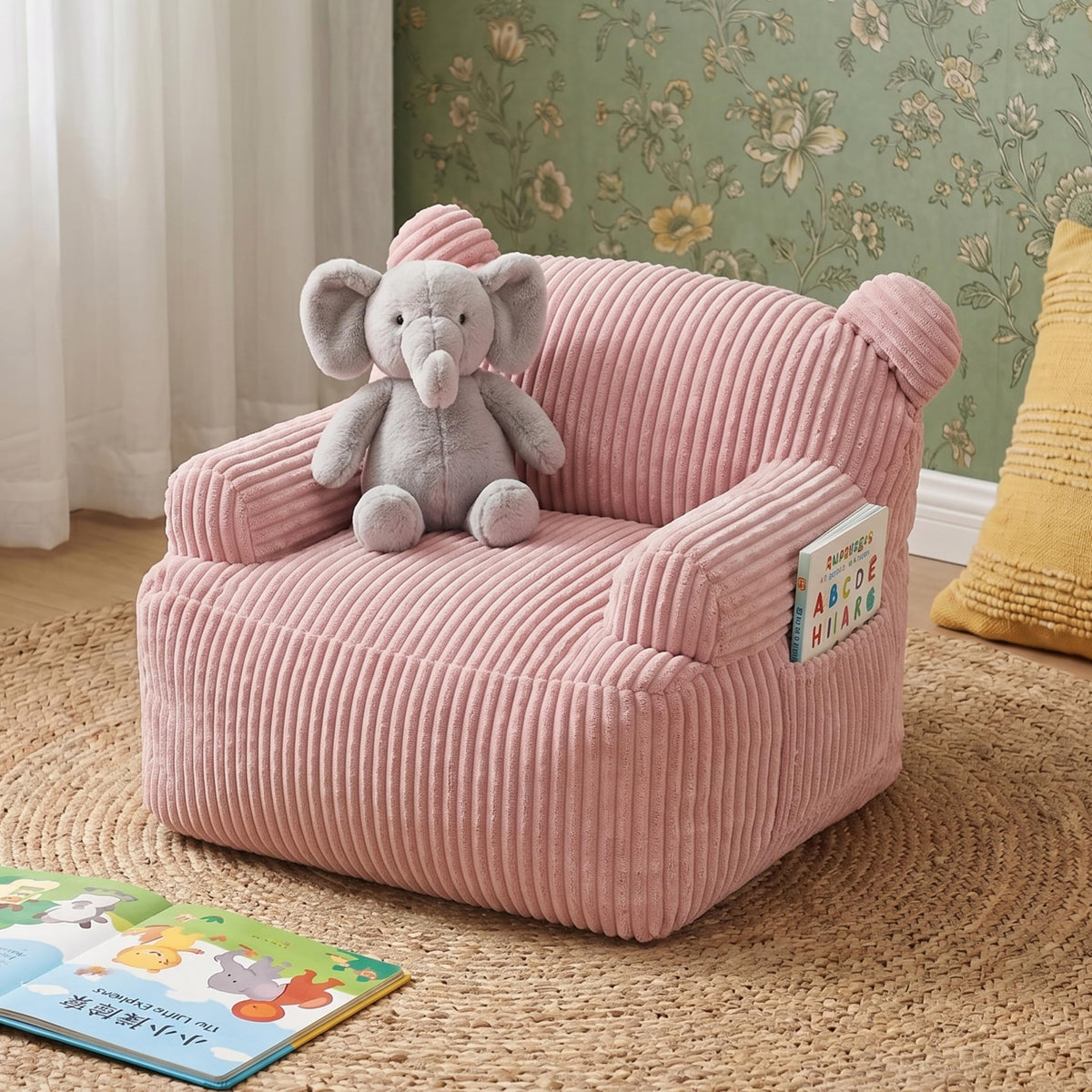 Kids Bean Bag Chair Soft Stuffed Floor Sofa with Pocket for Reading, Pink