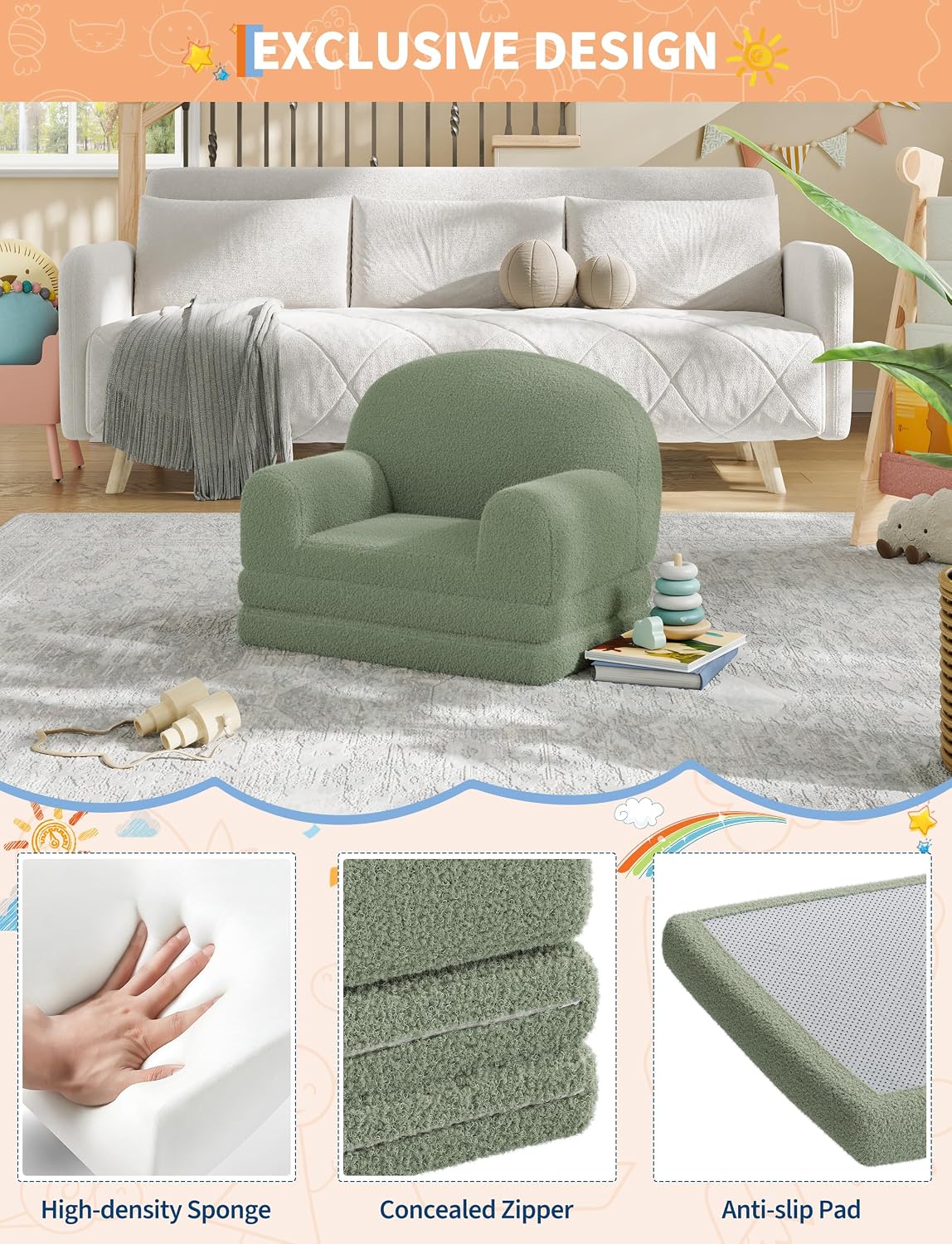 2-in-1 Convertible Kids Sofa Chair, Fold Out Toddler Couch for Reading and Napping, High-Density Foam Sherpa Toddler Chair, Soft Lounger for Playroom and Nursery, Green