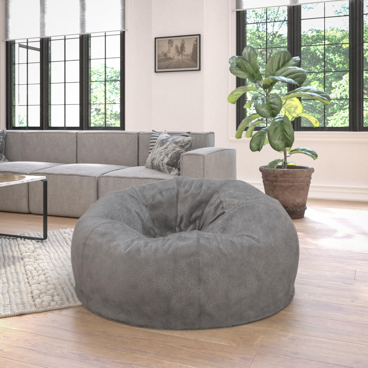 EMMA + OLIVER Gray Large Faux Shearling Bean Bag Chair