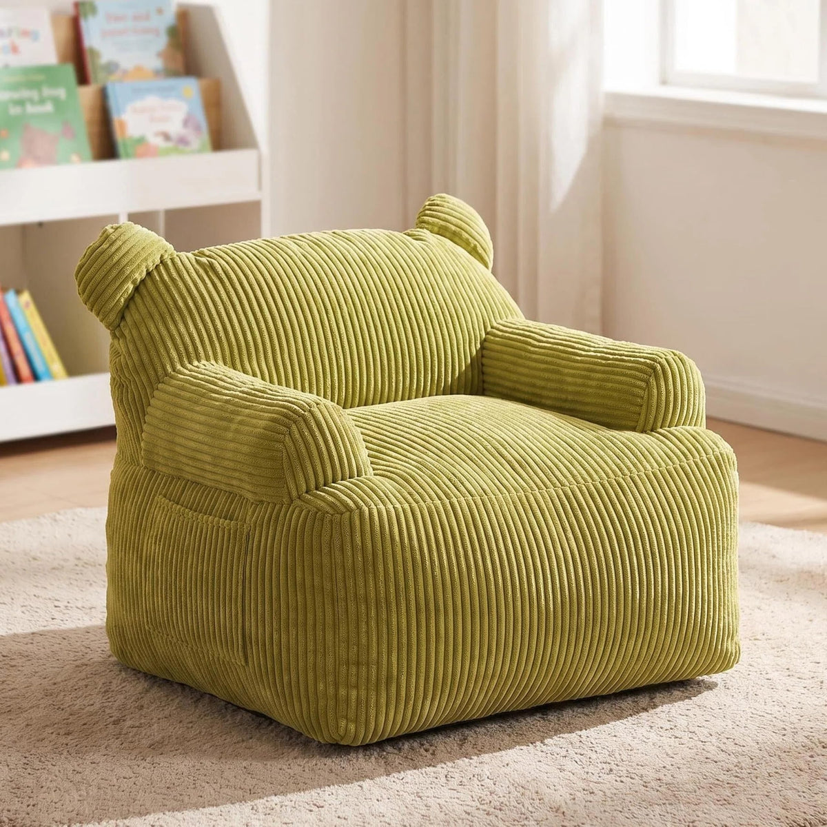 Kids Bear Ear Bean Bag Chair, Stuffed Toddler Sofa Chair with Pocket, Lazy Floor Chair for Boys and Girls, for Gaming, Reading