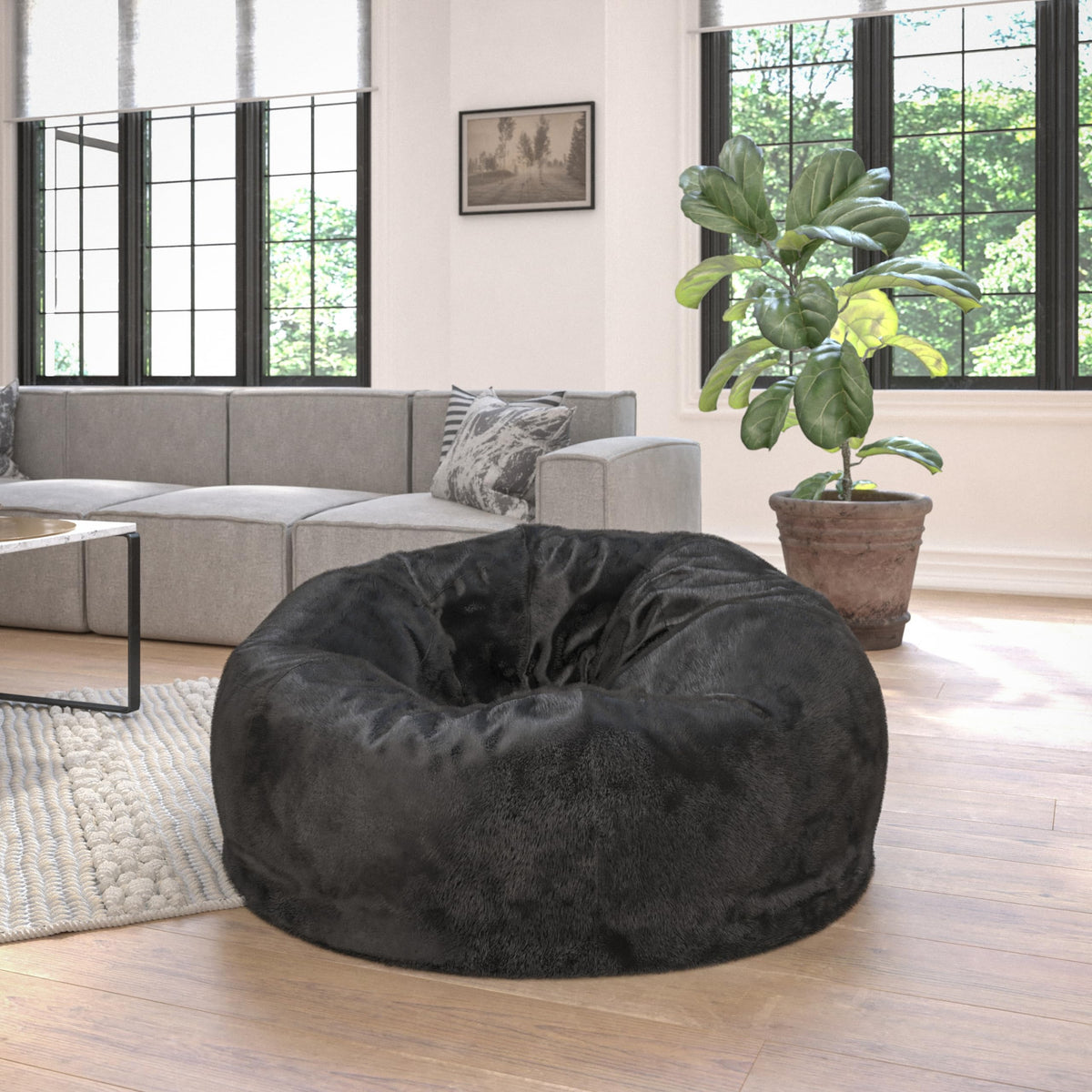 EMMA + OLIVER Gray Large Faux Shearling Bean Bag Chair