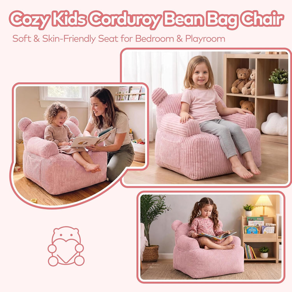 Kids Bear Ear Bean Bag Chair, Stuffed Toddler Sofa Chair with Pocket, Lazy Floor Chair for Boys and Girls, for Gaming, Reading