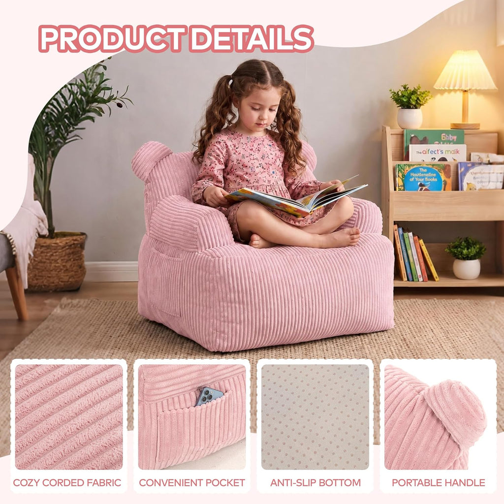Kids Bear Ear Bean Bag Chair, Stuffed Toddler Sofa Chair with Pocket, Lazy Floor Chair for Boys and Girls, for Gaming, Reading