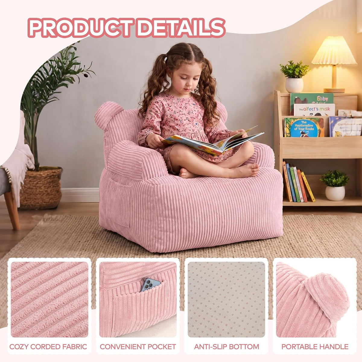 Kids Bear Ear Bean Bag Chair, Stuffed Toddler Sofa Chair with Pocket, Lazy Floor Chair for Boys and Girls, for Gaming, Reading