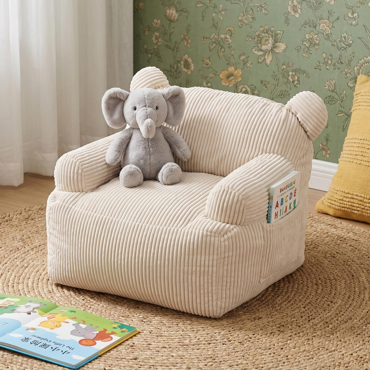 Kids Bean Bag Chair Soft Stuffed Floor Sofa with Pocket for Reading, Pink
