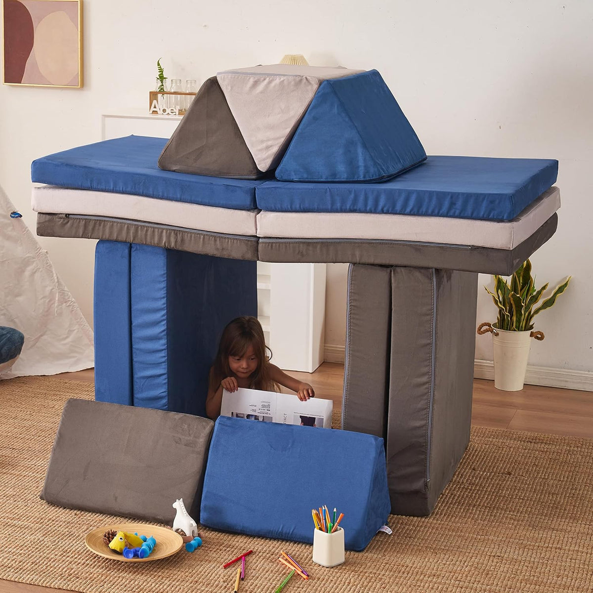 jela Kids Play Couch Extended Size 8PCS for Family, Floor Sofa Modular Funiture for Kids Adults, Playhouse Play Set for Toddlers Babies, Modular Foam Play Couch Indoor 66" x 33" x 22" Navyblue